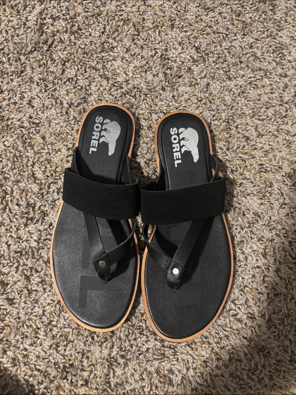 Sorel Black Thong Sandals with Tan Trim